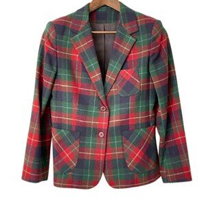 Vintage 70's Tartan Plaid Wool Blend Fitted Blazer Jacket Made in USA Small